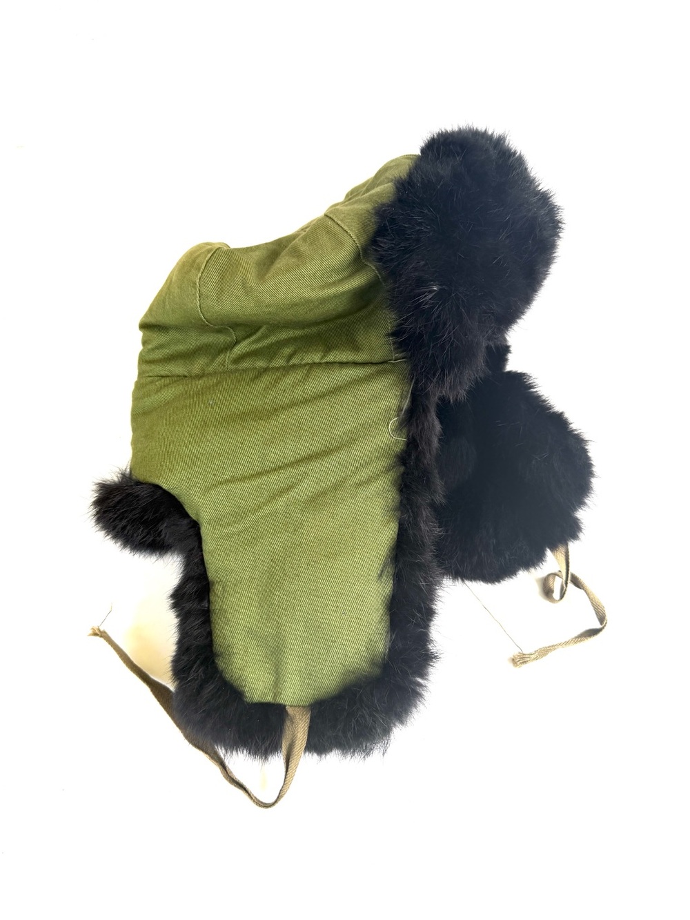 Vintage Quilted Olive Green Trapper Hat with Black Fur Trim